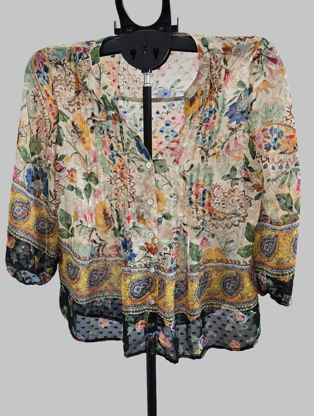 Bohemian Floral Paisley Sheer Pin-Tuck Blouse V-Neck Button Front Top Size PL